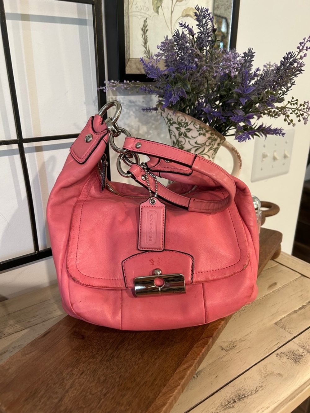 Coach Coral Pink Leather Shoulder Bag with Turn-Lock